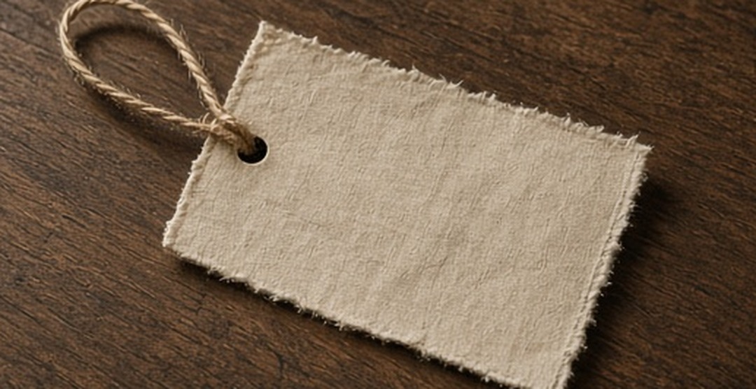 A hand placing a linen tag on walnut