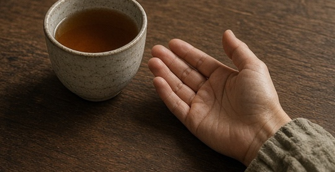 A cup beside an open palm