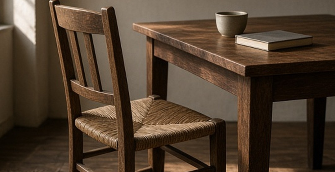 A chair pulled slightly outward from a table