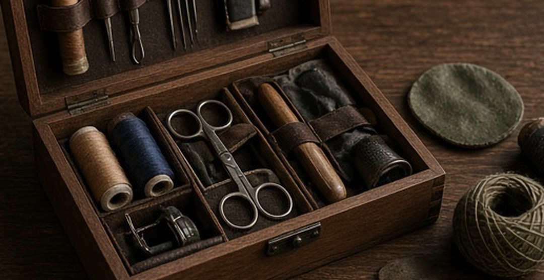 A small repair kit opened on walnut