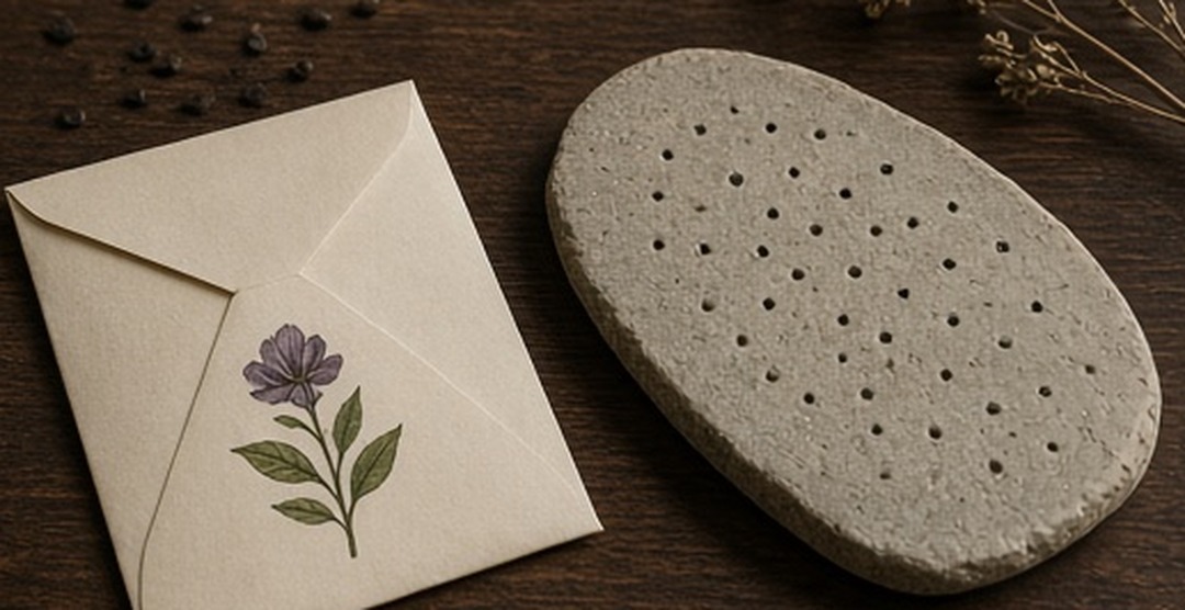 A seed packet beside a smooth calendar stone