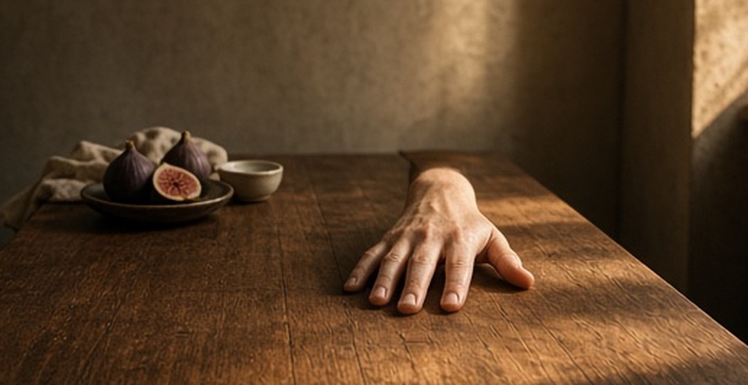 An open hand at the far end of the table