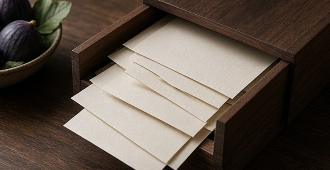 A plain shallow drawer beneath a walnut table