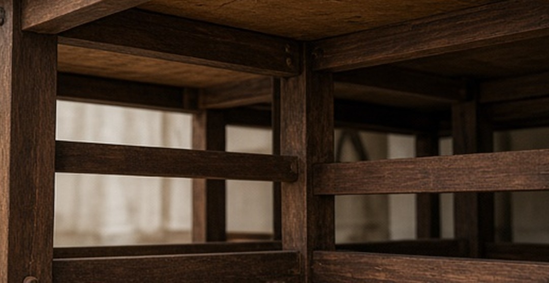 The cleared underside of a table in soft daylight